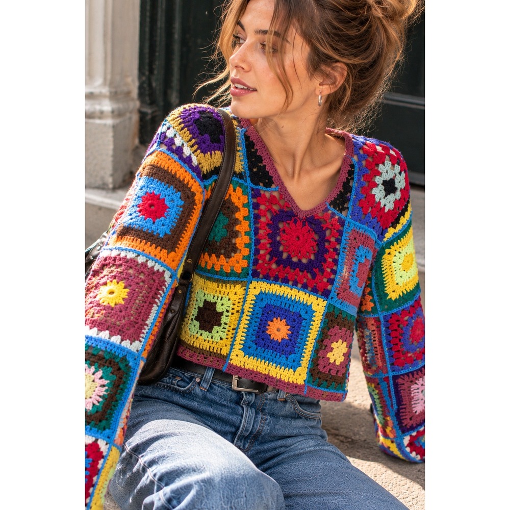 Vintage 90s Express Tricot Crochet Granny Square Patchwork Sweater Ramie M
